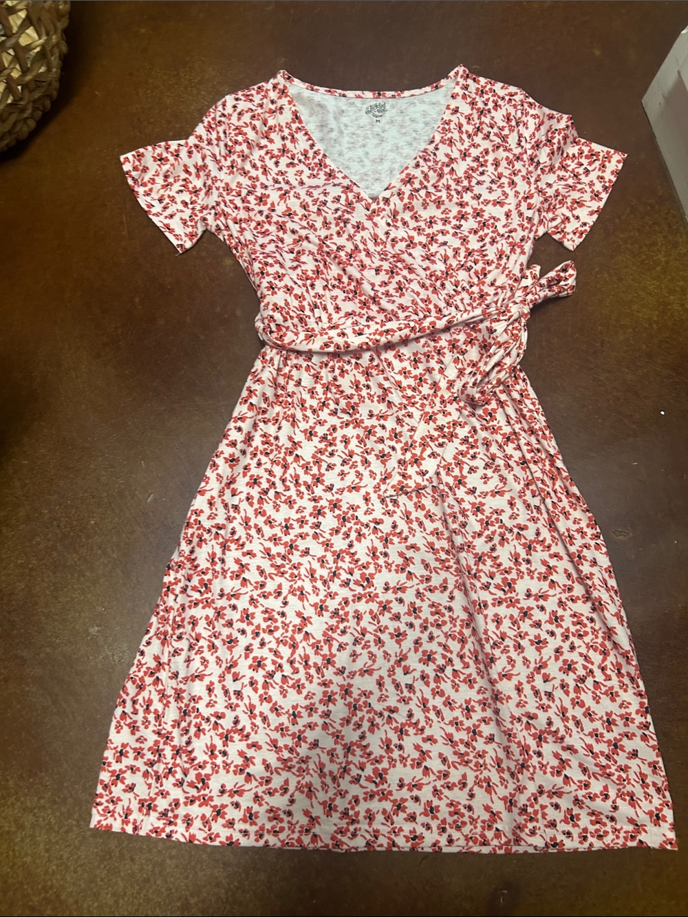 Tickled Teal Red Floral Wrap Dress on Cream